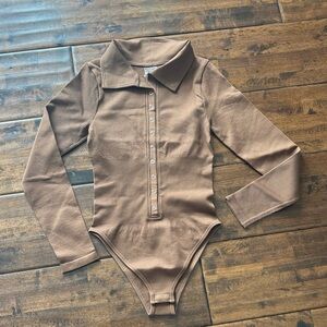 Ribbed Snap-Front Long-Sleeve Bodysuit - Brown